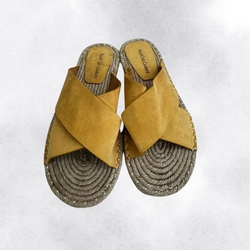 RockClub Couture Women's Mustard Yellow Suede Strap Espadrille Slides Size 9